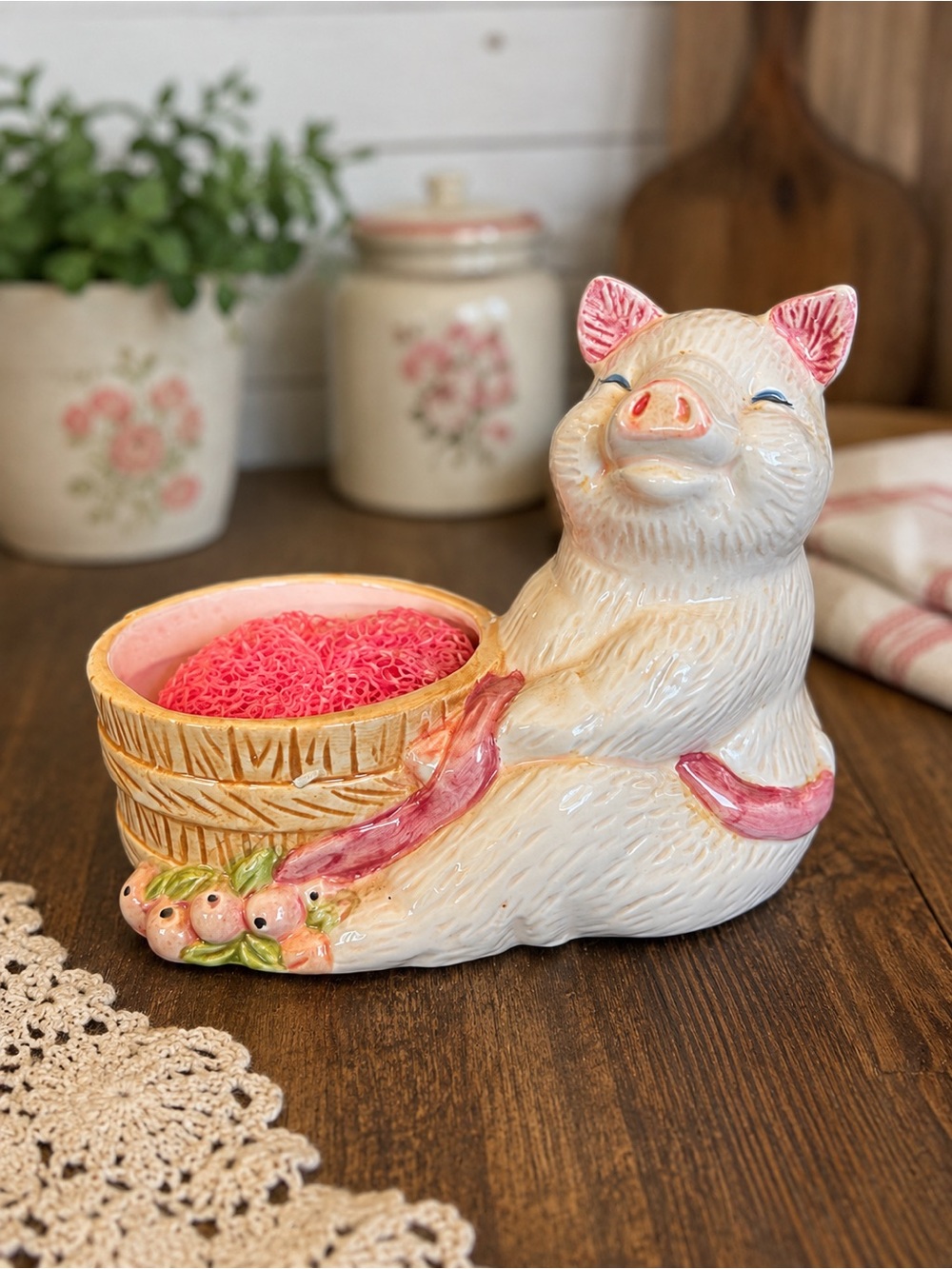 Vintage Ceramic Pig Sponge Holder Planter Basket Farmhouse Kitchen Decor